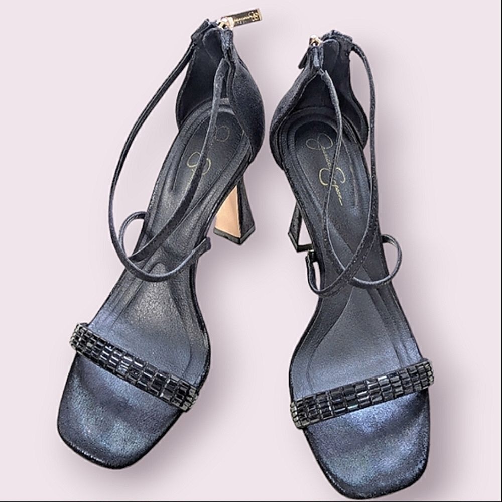 Jessica Simpson Metallic Beaded Black Strappy 4" Stilleto Heel Sandals size 9.5